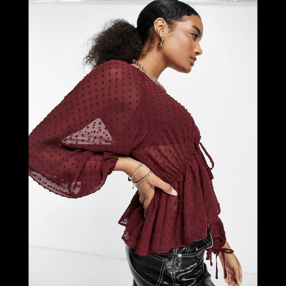 NWOT Asos Burgundy Sheer Tie Front Blouse - Picture 3 of 10